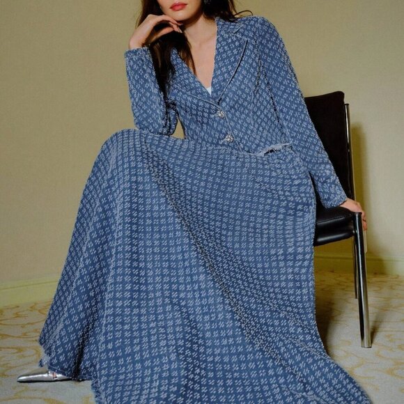 Blue Elegant Womens Denim Jacquard Lapel Collar Raw Edge Jacket & Maxi Skirt Set